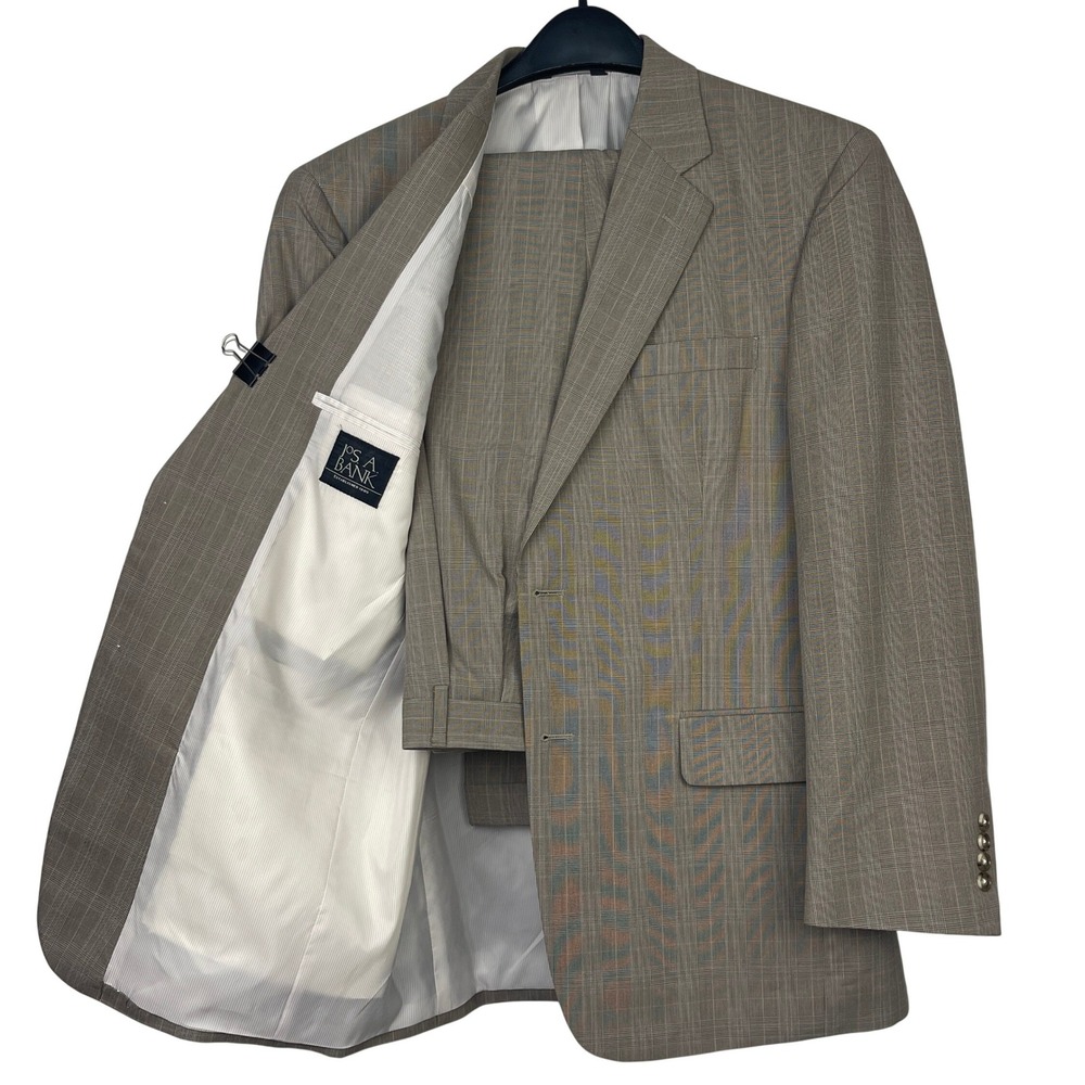 Jos. A Bank 2 Piece Suit 36R 34x32 Wool + Cotton Grey GLEN PLAID Pleated Pan